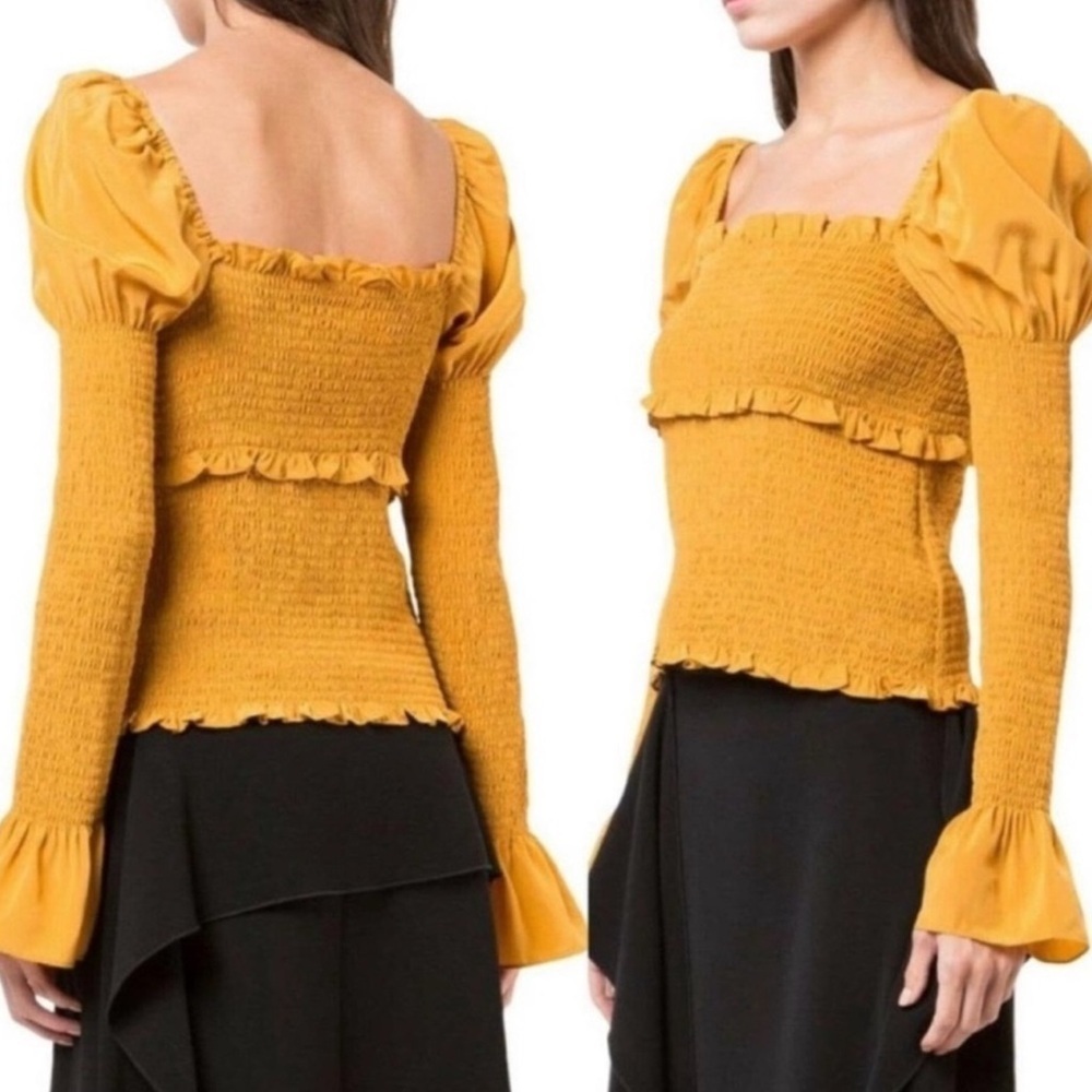 Cinq à Sept Ellis 100% silk puff-shoulder smocked top in marigold yellow XXS